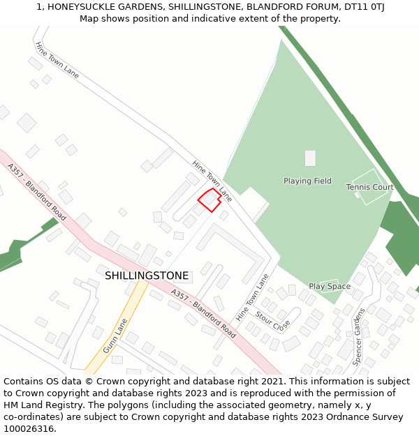 1, HONEYSUCKLE GARDENS, SHILLINGSTONE, BLANDFORD FORUM, DT11 0TJ: Location map and indicative extent of plot