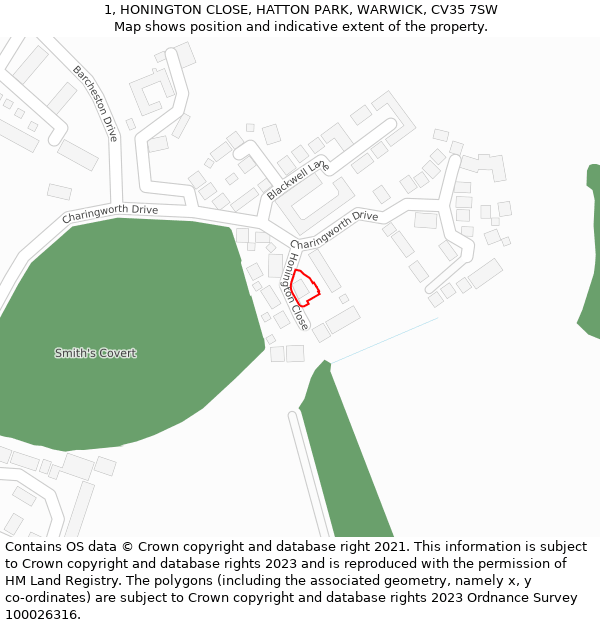 1, HONINGTON CLOSE, HATTON PARK, WARWICK, CV35 7SW: Location map and indicative extent of plot