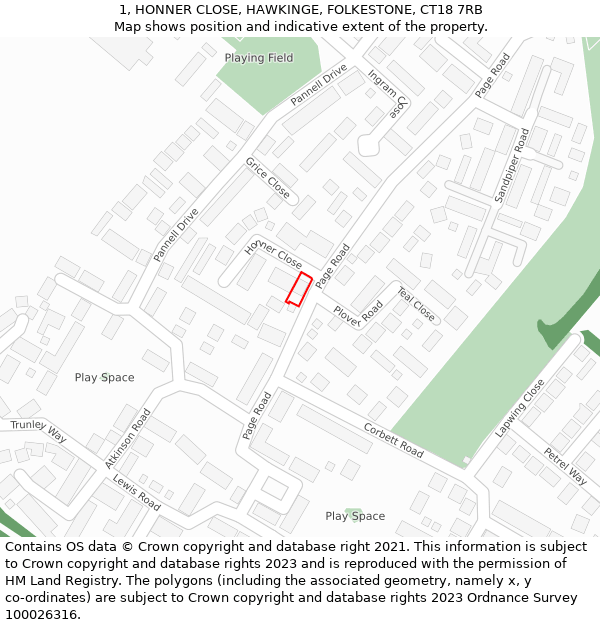 1, HONNER CLOSE, HAWKINGE, FOLKESTONE, CT18 7RB: Location map and indicative extent of plot