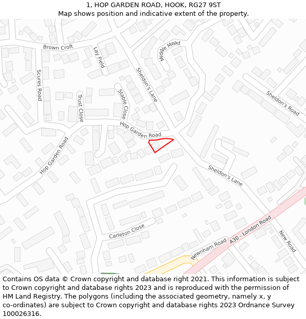 1, HOP GARDEN ROAD, HOOK, RG27 9ST: Location map and indicative extent of plot