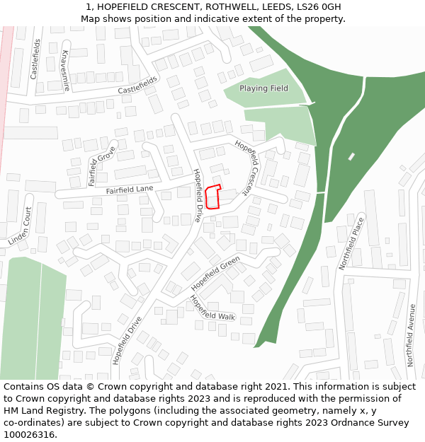 1, HOPEFIELD CRESCENT, ROTHWELL, LEEDS, LS26 0GH: Location map and indicative extent of plot