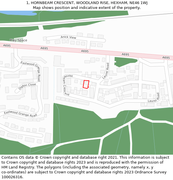 1, HORNBEAM CRESCENT, WOODLAND RISE, HEXHAM, NE46 1WJ: Location map and indicative extent of plot