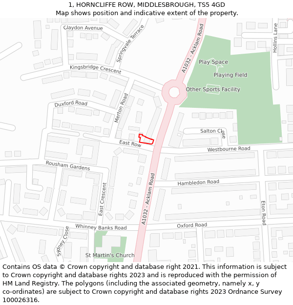 1, HORNCLIFFE ROW, MIDDLESBROUGH, TS5 4GD: Location map and indicative extent of plot