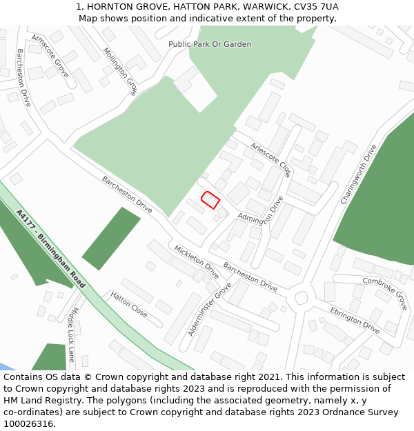 1, HORNTON GROVE, HATTON PARK, WARWICK, CV35 7UA: Location map and indicative extent of plot