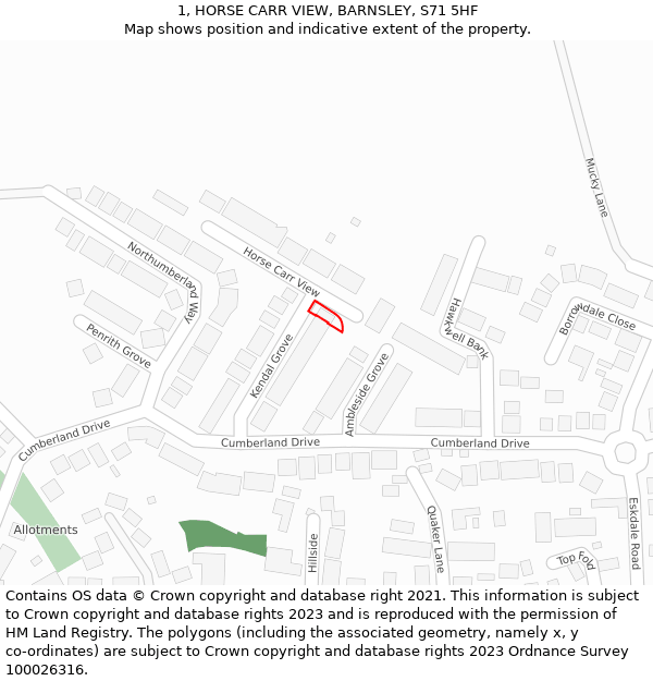1, HORSE CARR VIEW, BARNSLEY, S71 5HF: Location map and indicative extent of plot