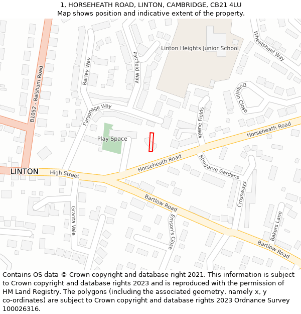 1, HORSEHEATH ROAD, LINTON, CAMBRIDGE, CB21 4LU: Location map and indicative extent of plot