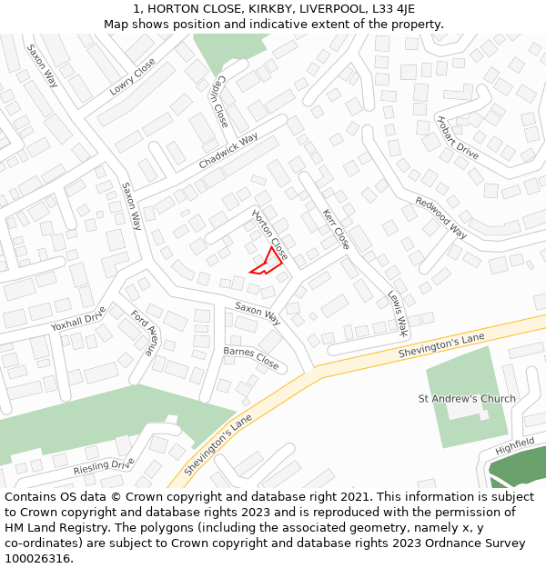 1, HORTON CLOSE, KIRKBY, LIVERPOOL, L33 4JE: Location map and indicative extent of plot
