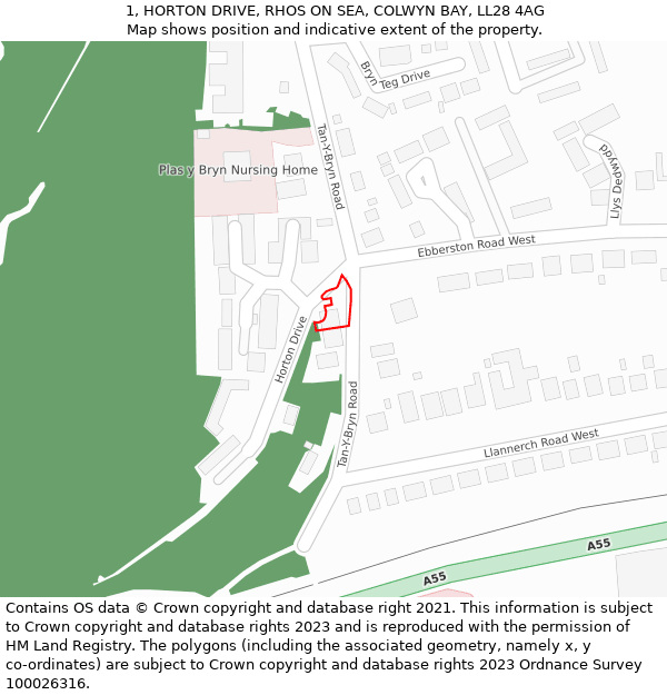 1, HORTON DRIVE, RHOS ON SEA, COLWYN BAY, LL28 4AG: Location map and indicative extent of plot