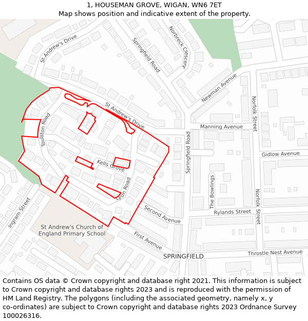 1, HOUSEMAN GROVE, WIGAN, WN6 7ET: Location map and indicative extent of plot