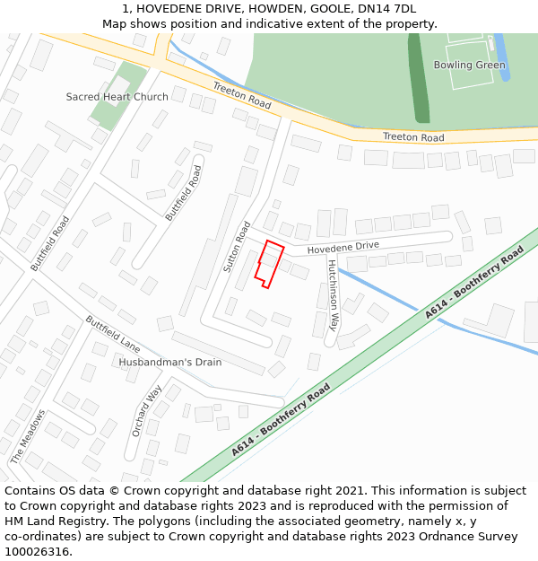 1, HOVEDENE DRIVE, HOWDEN, GOOLE, DN14 7DL: Location map and indicative extent of plot