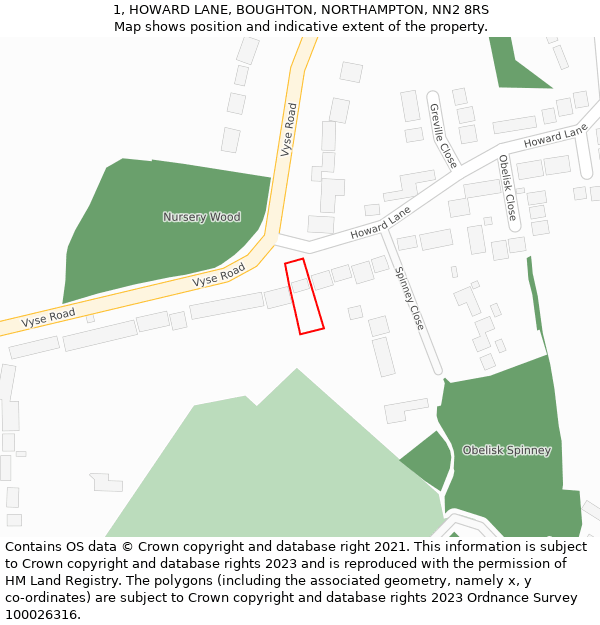 1, HOWARD LANE, BOUGHTON, NORTHAMPTON, NN2 8RS: Location map and indicative extent of plot