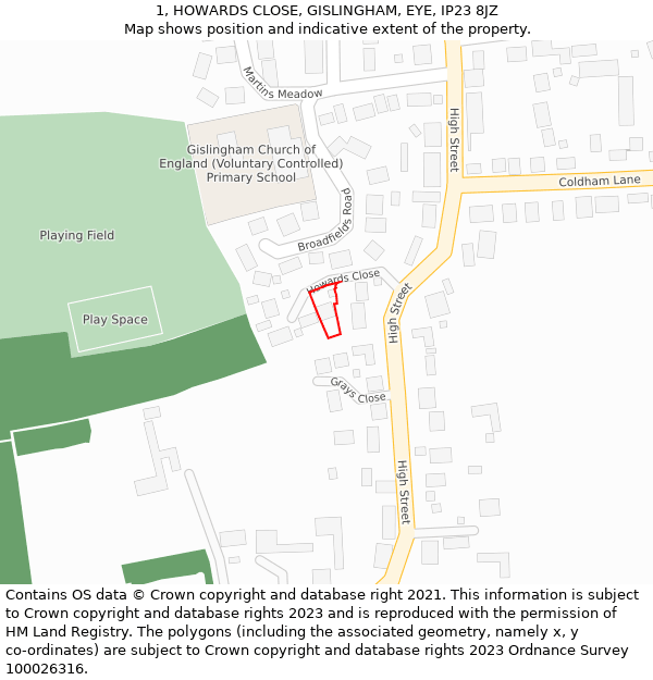 1, HOWARDS CLOSE, GISLINGHAM, EYE, IP23 8JZ: Location map and indicative extent of plot