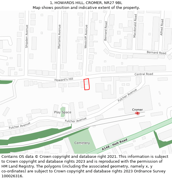 1, HOWARDS HILL, CROMER, NR27 9BL: Location map and indicative extent of plot