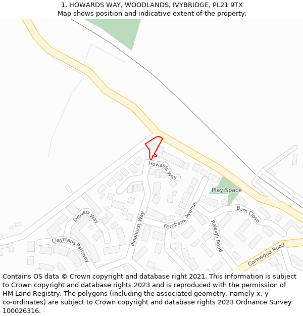 1, HOWARDS WAY, WOODLANDS, IVYBRIDGE, PL21 9TX: Location map and indicative extent of plot