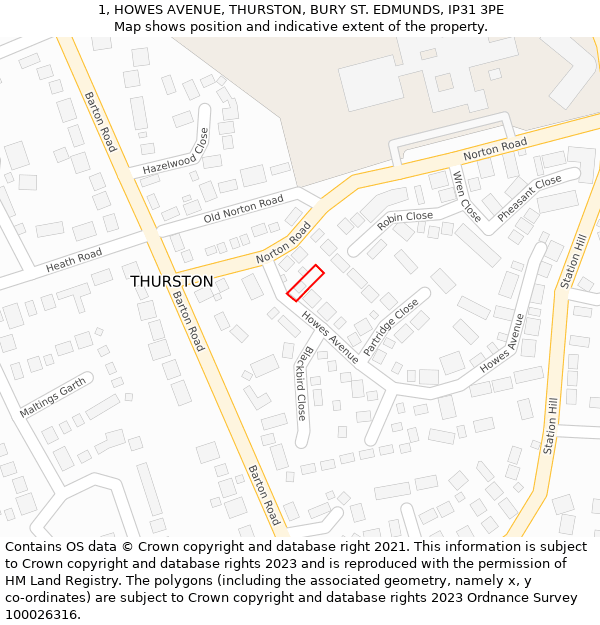 1, HOWES AVENUE, THURSTON, BURY ST. EDMUNDS, IP31 3PE: Location map and indicative extent of plot