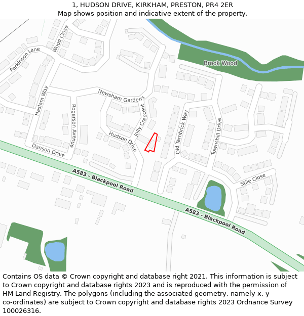1, HUDSON DRIVE, KIRKHAM, PRESTON, PR4 2ER: Location map and indicative extent of plot