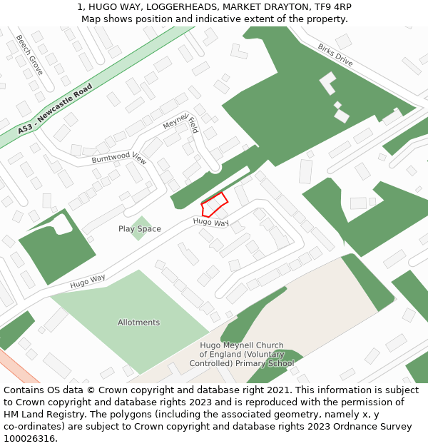 1, HUGO WAY, LOGGERHEADS, MARKET DRAYTON, TF9 4RP: Location map and indicative extent of plot