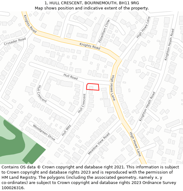 1, HULL CRESCENT, BOURNEMOUTH, BH11 9RG: Location map and indicative extent of plot