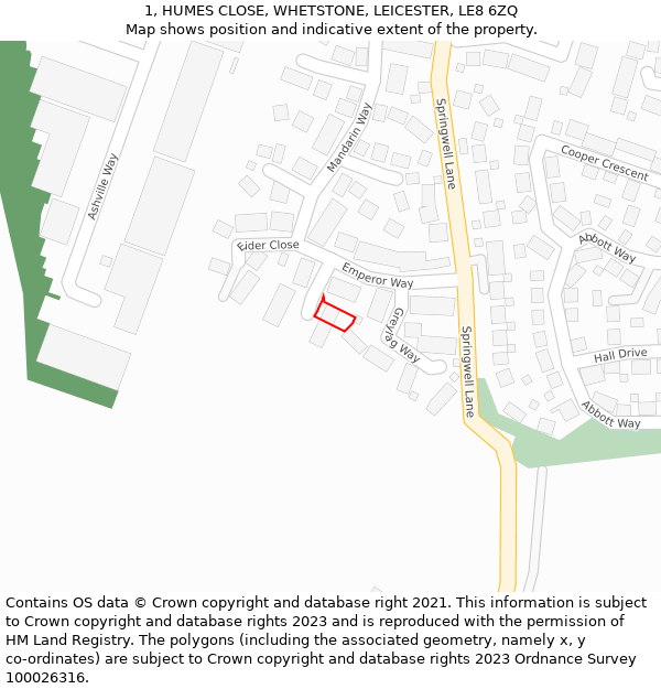 1, HUMES CLOSE, WHETSTONE, LEICESTER, LE8 6ZQ: Location map and indicative extent of plot