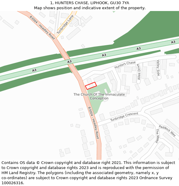 1, HUNTERS CHASE, LIPHOOK, GU30 7YA: Location map and indicative extent of plot