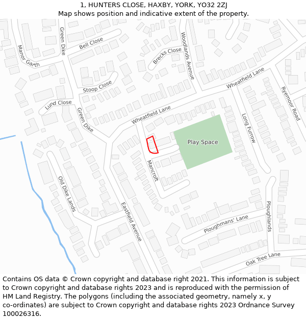 1, HUNTERS CLOSE, HAXBY, YORK, YO32 2ZJ: Location map and indicative extent of plot