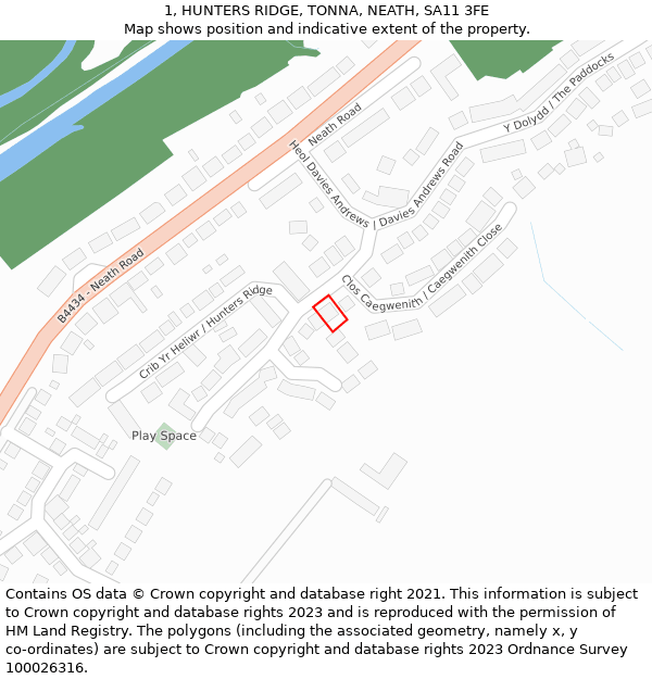 1, HUNTERS RIDGE, TONNA, NEATH, SA11 3FE: Location map and indicative extent of plot