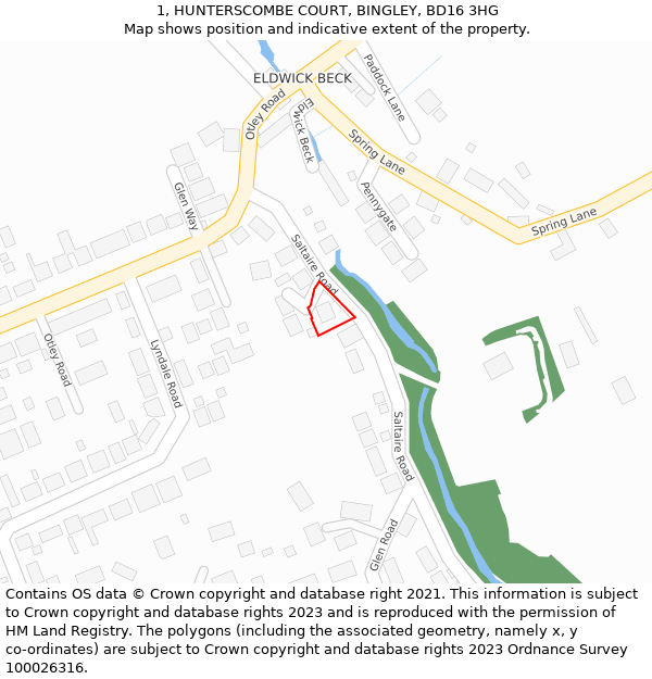 1, HUNTERSCOMBE COURT, BINGLEY, BD16 3HG: Location map and indicative extent of plot