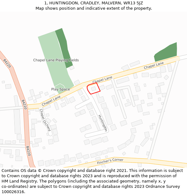 1, HUNTINGDON, CRADLEY, MALVERN, WR13 5JZ: Location map and indicative extent of plot