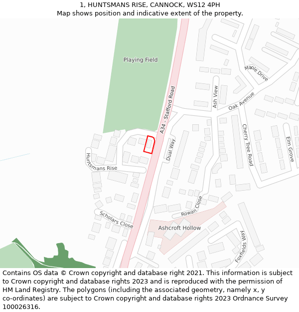 1, HUNTSMANS RISE, CANNOCK, WS12 4PH: Location map and indicative extent of plot
