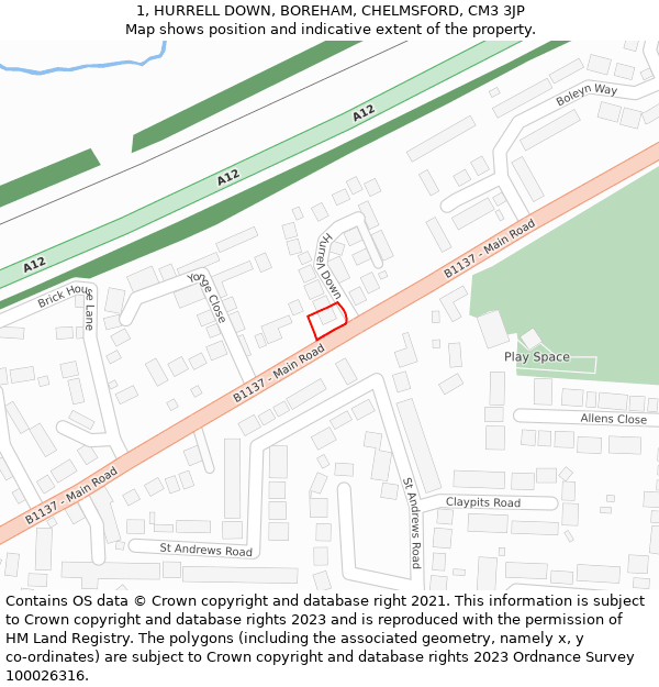 1, HURRELL DOWN, BOREHAM, CHELMSFORD, CM3 3JP: Location map and indicative extent of plot