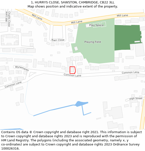 1, HURRYS CLOSE, SAWSTON, CAMBRIDGE, CB22 3LL: Location map and indicative extent of plot