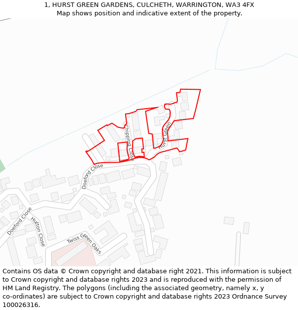 1, HURST GREEN GARDENS, CULCHETH, WARRINGTON, WA3 4FX: Location map and indicative extent of plot