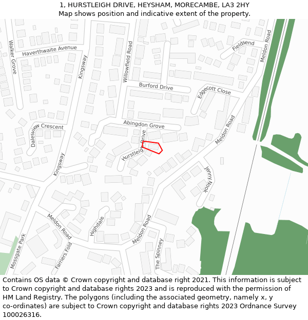 1, HURSTLEIGH DRIVE, HEYSHAM, MORECAMBE, LA3 2HY: Location map and indicative extent of plot