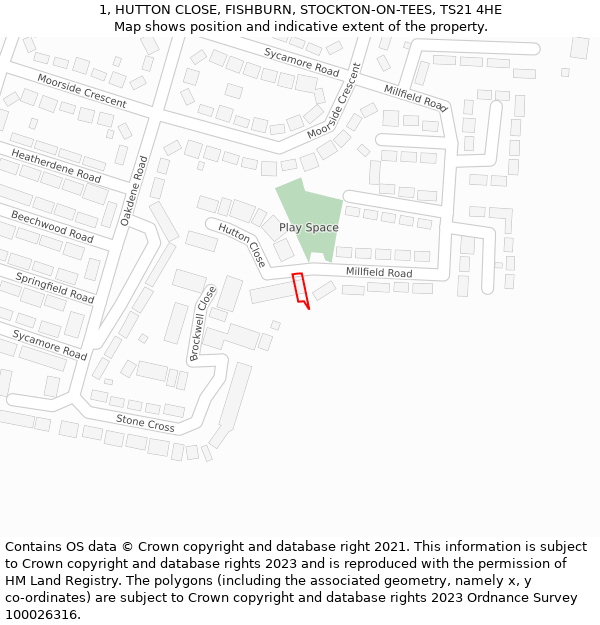 1, HUTTON CLOSE, FISHBURN, STOCKTON-ON-TEES, TS21 4HE: Location map and indicative extent of plot