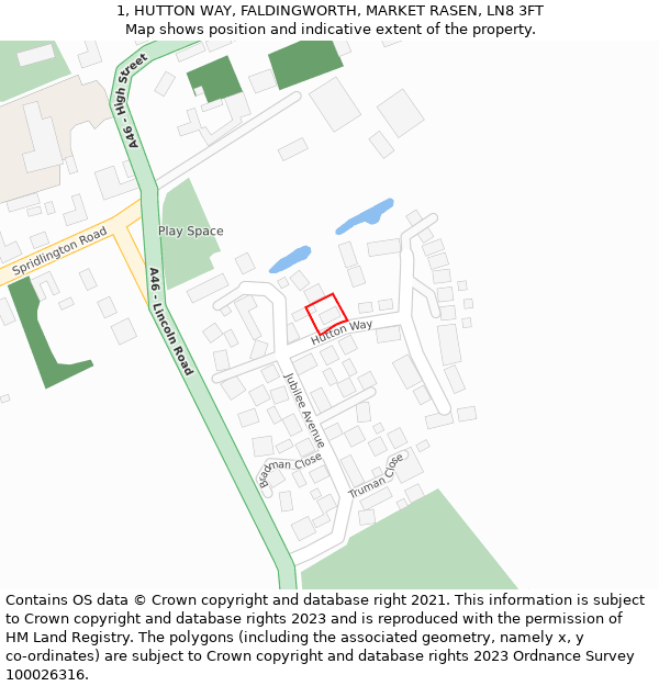 1, HUTTON WAY, FALDINGWORTH, MARKET RASEN, LN8 3FT: Location map and indicative extent of plot