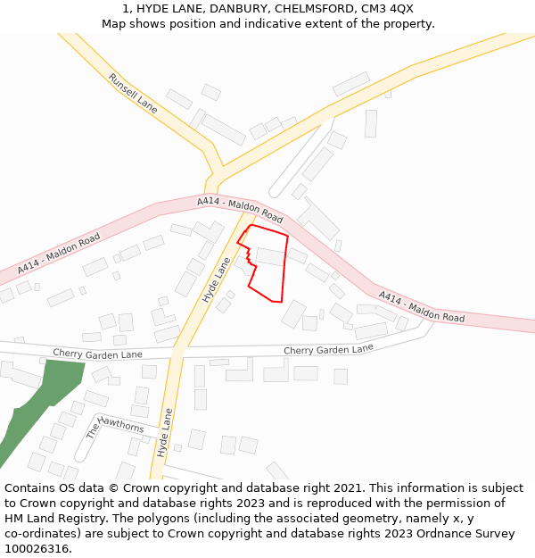 1, HYDE LANE, DANBURY, CHELMSFORD, CM3 4QX: Location map and indicative extent of plot