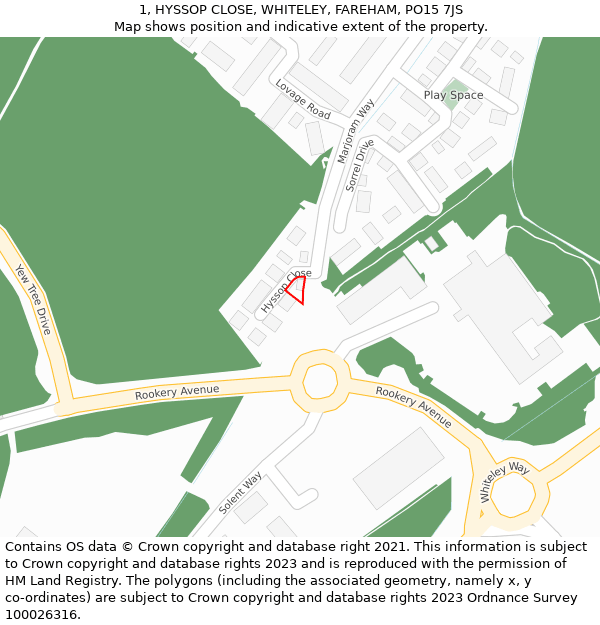 1, HYSSOP CLOSE, WHITELEY, FAREHAM, PO15 7JS: Location map and indicative extent of plot