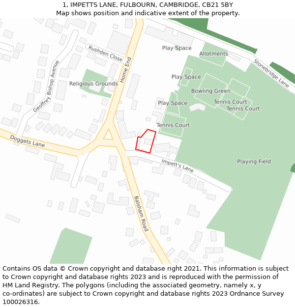 1, IMPETTS LANE, FULBOURN, CAMBRIDGE, CB21 5BY: Location map and indicative extent of plot