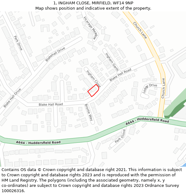1, INGHAM CLOSE, MIRFIELD, WF14 9NP: Location map and indicative extent of plot