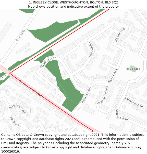 1, INGLEBY CLOSE, WESTHOUGHTON, BOLTON, BL5 3QZ: Location map and indicative extent of plot