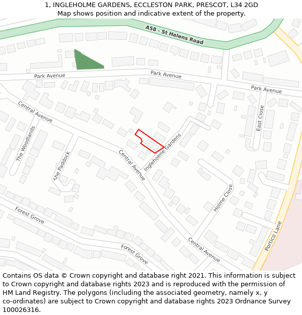 1, INGLEHOLME GARDENS, ECCLESTON PARK, PRESCOT, L34 2GD: Location map and indicative extent of plot