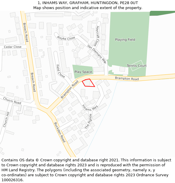 1, INHAMS WAY, GRAFHAM, HUNTINGDON, PE28 0UT: Location map and indicative extent of plot