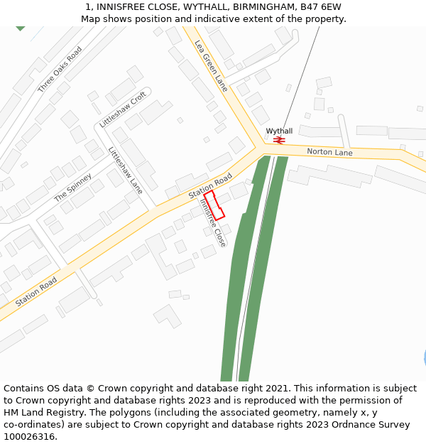 1, INNISFREE CLOSE, WYTHALL, BIRMINGHAM, B47 6EW: Location map and indicative extent of plot