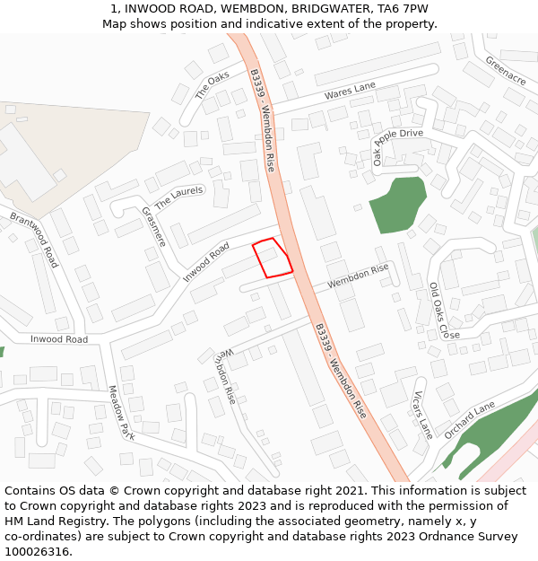 1, INWOOD ROAD, WEMBDON, BRIDGWATER, TA6 7PW: Location map and indicative extent of plot