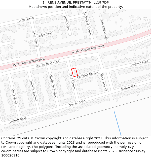 1, IRENE AVENUE, PRESTATYN, LL19 7DP: Location map and indicative extent of plot