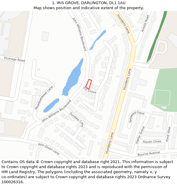 1, IRIS GROVE, DARLINGTON, DL1 1AU: Location map and indicative extent of plot
