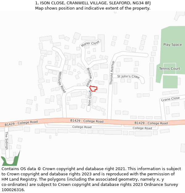 1, ISON CLOSE, CRANWELL VILLAGE, SLEAFORD, NG34 8FJ: Location map and indicative extent of plot