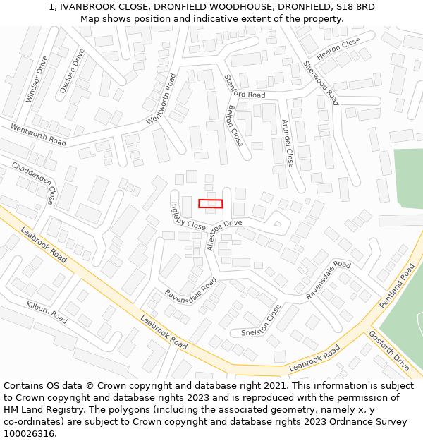 1, IVANBROOK CLOSE, DRONFIELD WOODHOUSE, DRONFIELD, S18 8RD: Location map and indicative extent of plot