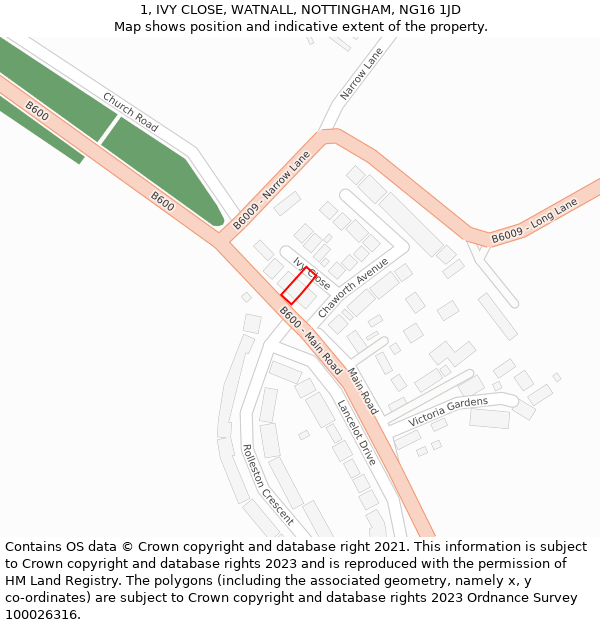 1, IVY CLOSE, WATNALL, NOTTINGHAM, NG16 1JD: Location map and indicative extent of plot