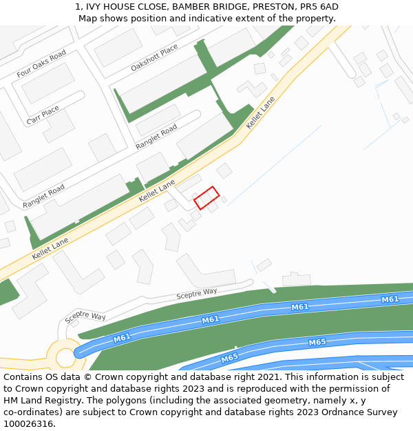 1, IVY HOUSE CLOSE, BAMBER BRIDGE, PRESTON, PR5 6AD: Location map and indicative extent of plot